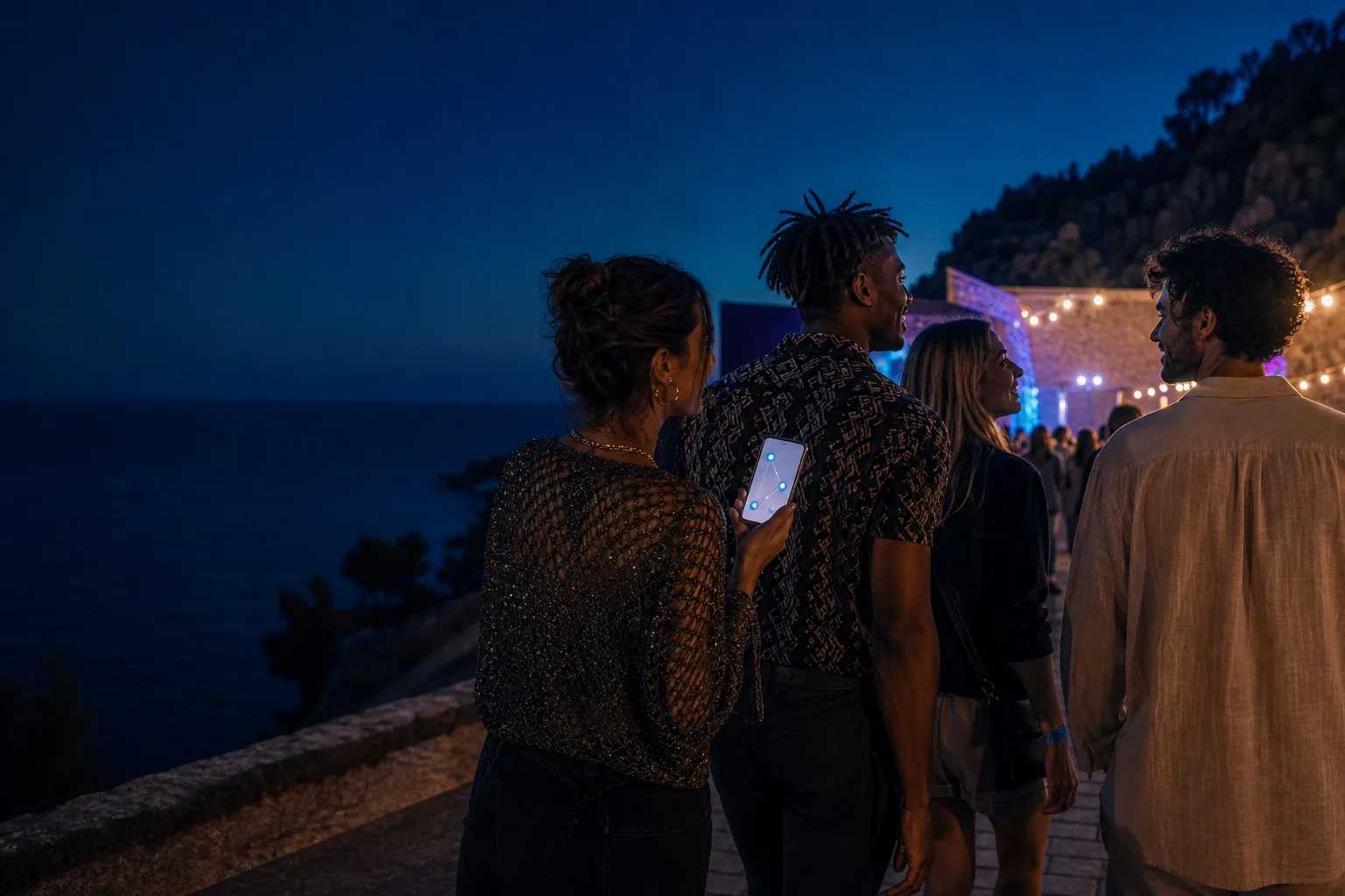 Four friends arriving together at a coastal evening event while one holds a phone