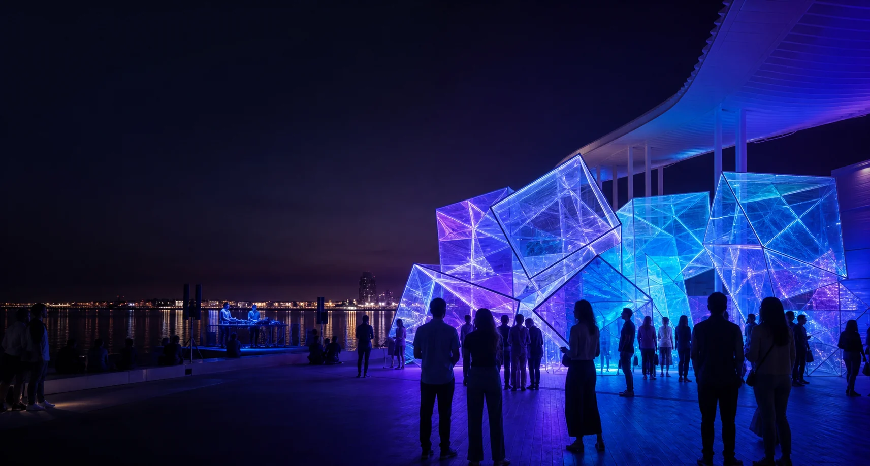 Visitors beside a blue illuminated art installation on a waterfront at night