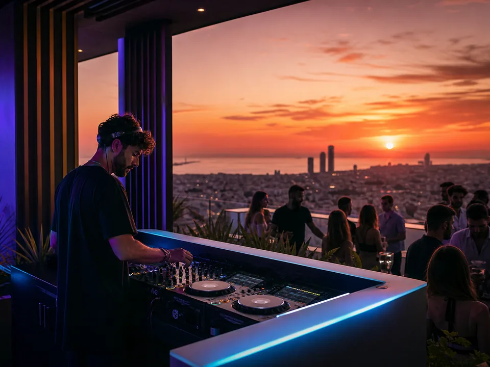 DJ performing at a small outdoor event while guests gather near the stage