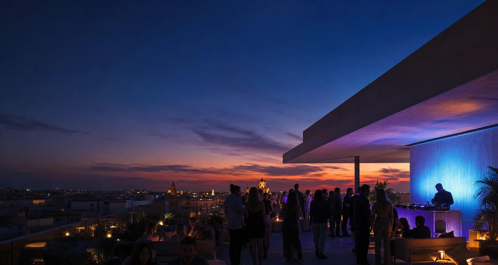 Guests at a rooftop evening with a DJ and city skyline at sunset